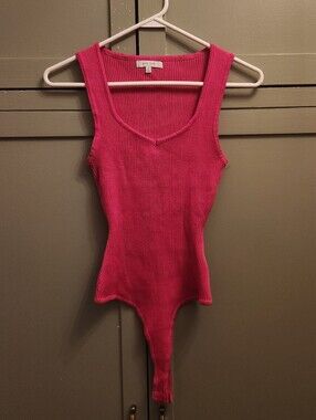 Love Tree Ribbed Tank Bodysuit - Bright Pink